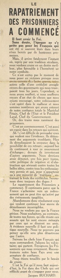 Article de presse du journal Le Littoral sur le rapatriement des prisonniers, 20 aot 1942 (Jx45)