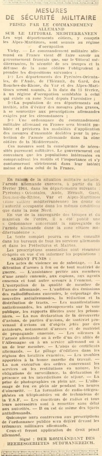Article de presse du journal Le Littoral sur les mesures de scurit militaire prises par le Commandement allemand, 17 fvrier 1944 (Jx45)
