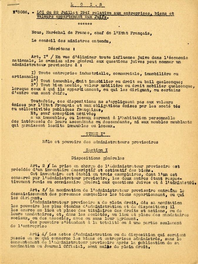 Lgislation sur les entreprises appartenant aux Juifs, 22 juillet 1941 (4H42)