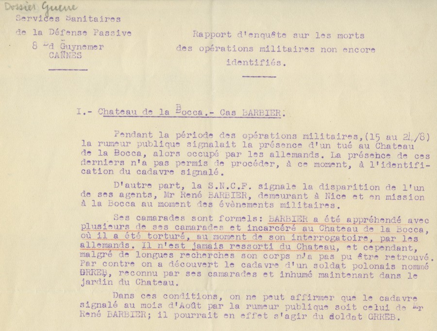 Arrestation et torture de Monsieur BARBIER au Chteau de la Bocca, 1944 (4H69)