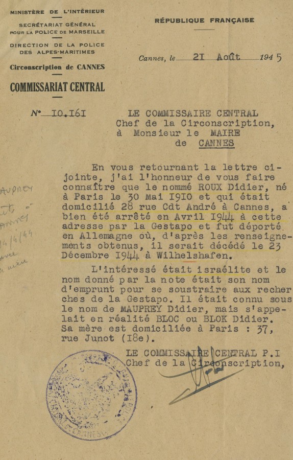 Dportation Monsieur ROUX Didier, 1945 (4H69)