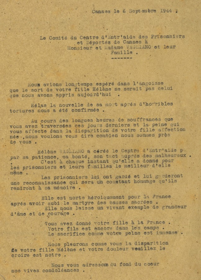 Lettre de condolances du Centre d'Entraide des Prisonniers et Dports de Cannes aux parents d'Hlne Vagliano, fusille par les Allemands, 1944 (4H69)
