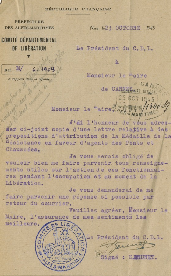 Mdaille de la Rsistance pour les agents des Ponts et Chausses, 1945 (4H69)