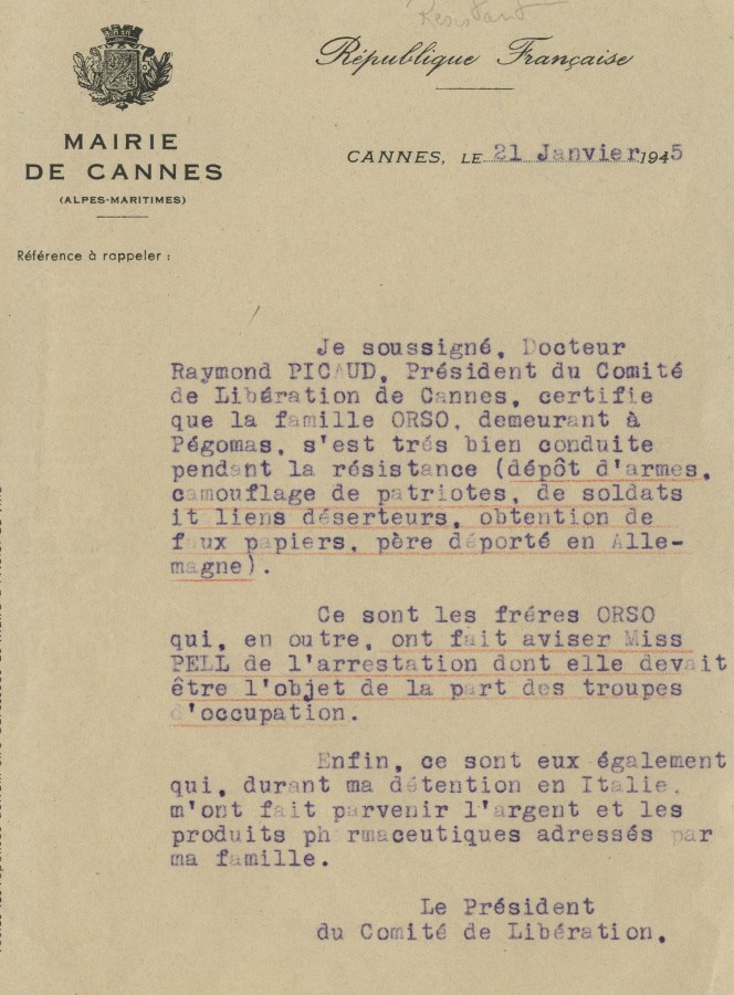 Lettre du Docteur Picaud en faveur de la famille Orso, membre de la Rsistance, 1945 (4H69)