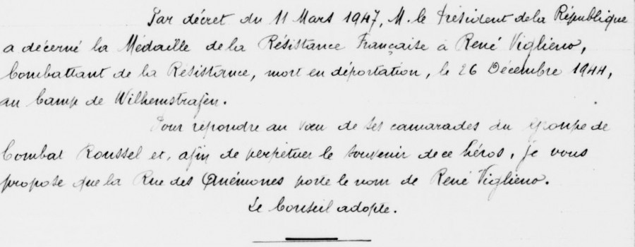 Mdaille de la Rsistance et dnomination de rue en l'honneur de Ren Viglieno, Commis aux archives, Rsistant et mort en dportation, 1947 (90W2)