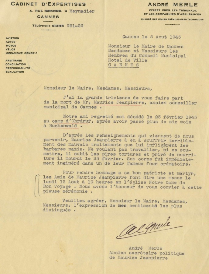 Dportation et mort de Monsieur Maurice Jean-Pierre, 1945 (4H69)