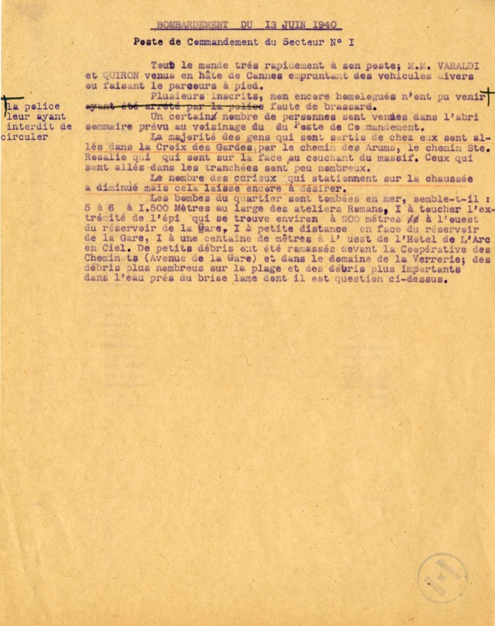Rapport du poste de commandement secteur1 du bombardement du 13 juin 1940, 1940 (4H46)