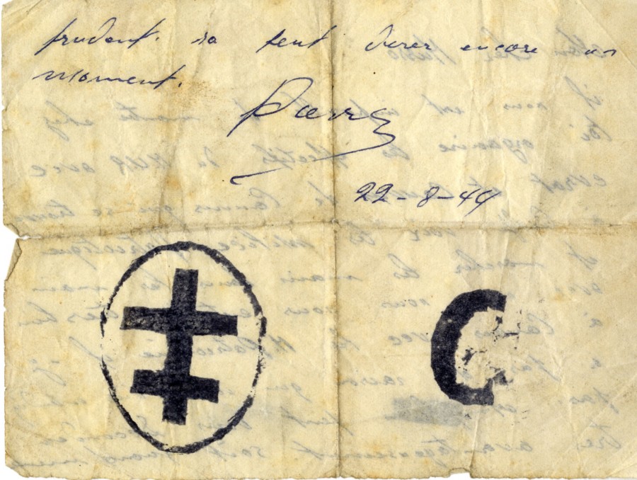 Billet manuscrit adress  Monsieur Franois Musso, membre des Forces Franaises de l'Intrieur (F.F.I.), 22 aot 1944 (36NUM61)