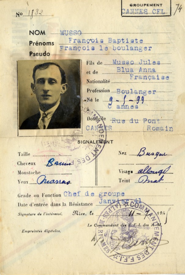 Carte de combattants de Monsieur Franois Musso, 1945 (38NUM61)