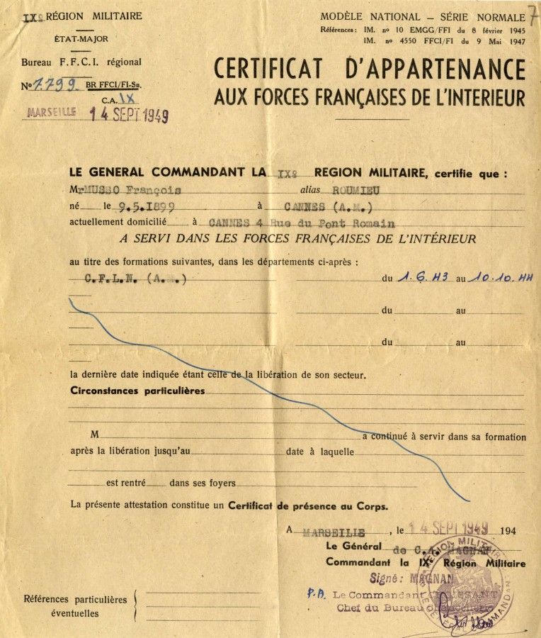  Certificat d'appartenance aux Forces Franaises de l'Intrieur (F.F.I.), 1949 (36NUM61)