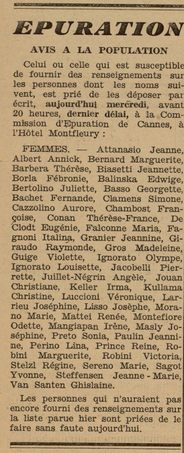 Article de presse du journal Cannes Riviera sur l'puration, 13 septembre 1944 (Jx108)