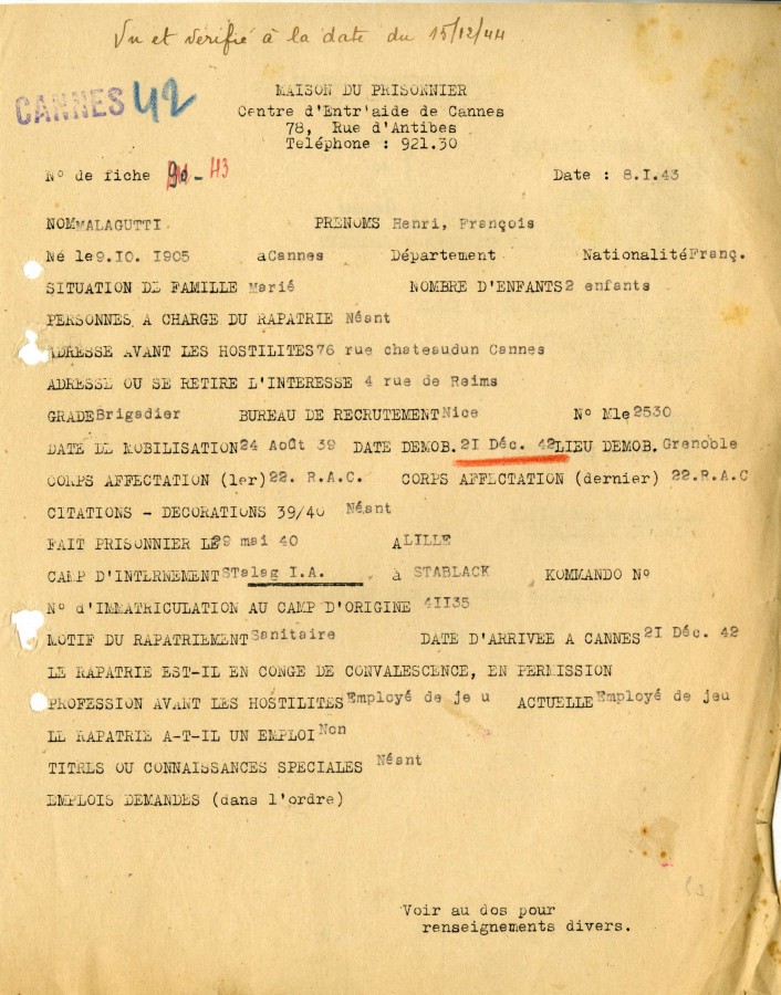 Fiche de renseignements des prisonniers de guerre, 1943 (4H76)