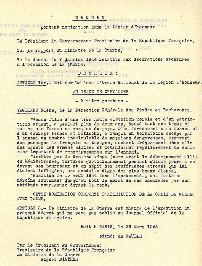 Dcret donnant la Lgion d'Honneur  Hlne Vagliano, et relatant ses faits d'armes, 1945 (49S1_51)