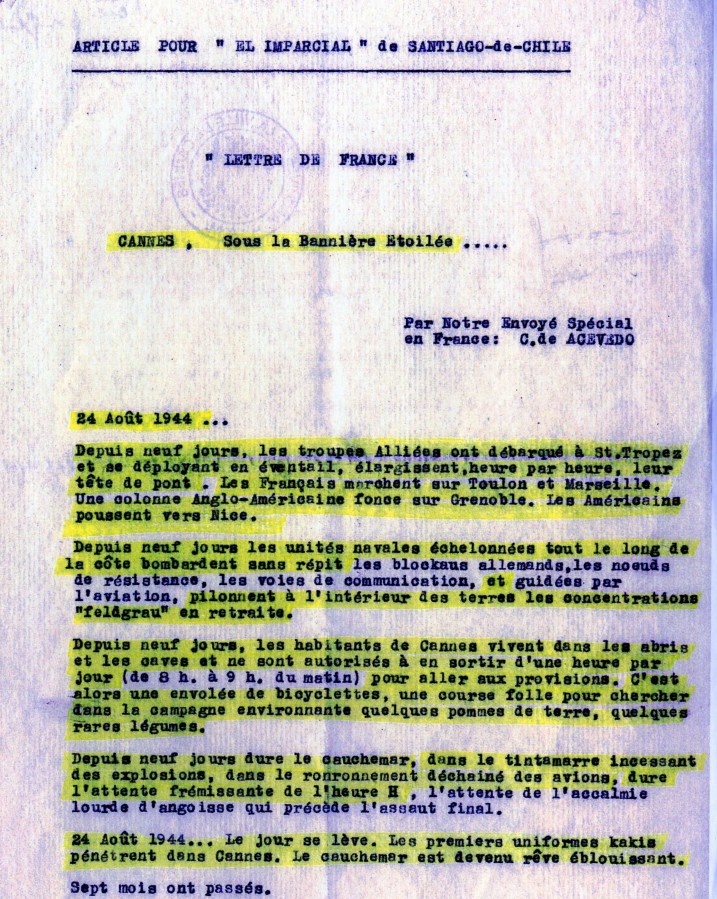 Copie d'article d'un journaliste chilien retraant la libration de Cannes, 24 aot 1944 (4H60)