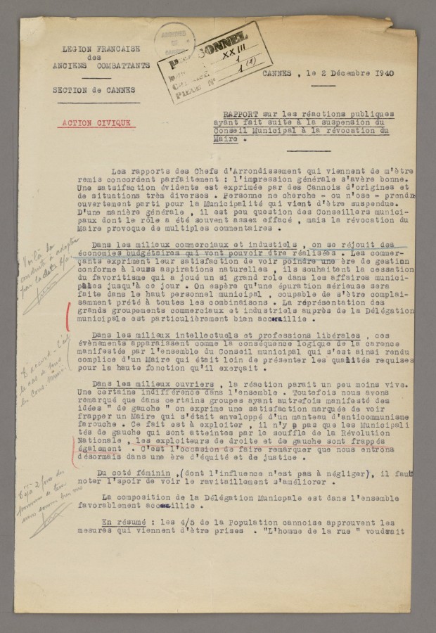 Rapport sur les ractions  cette suspension du conseil, dcembre 1940, 1 (1K63_0007)