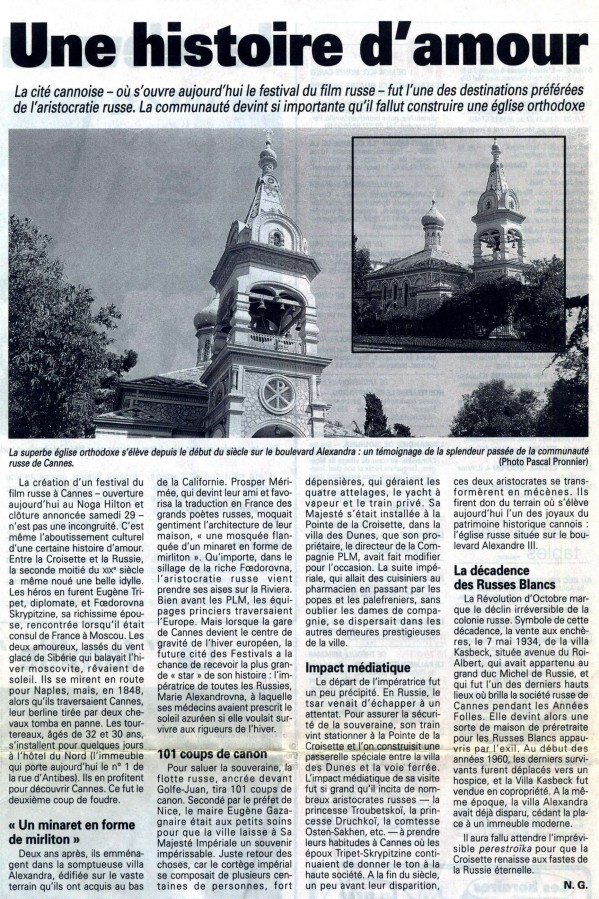 Article de Nice-Matin sur l'église russe et son histoire, NG (18W29_006)