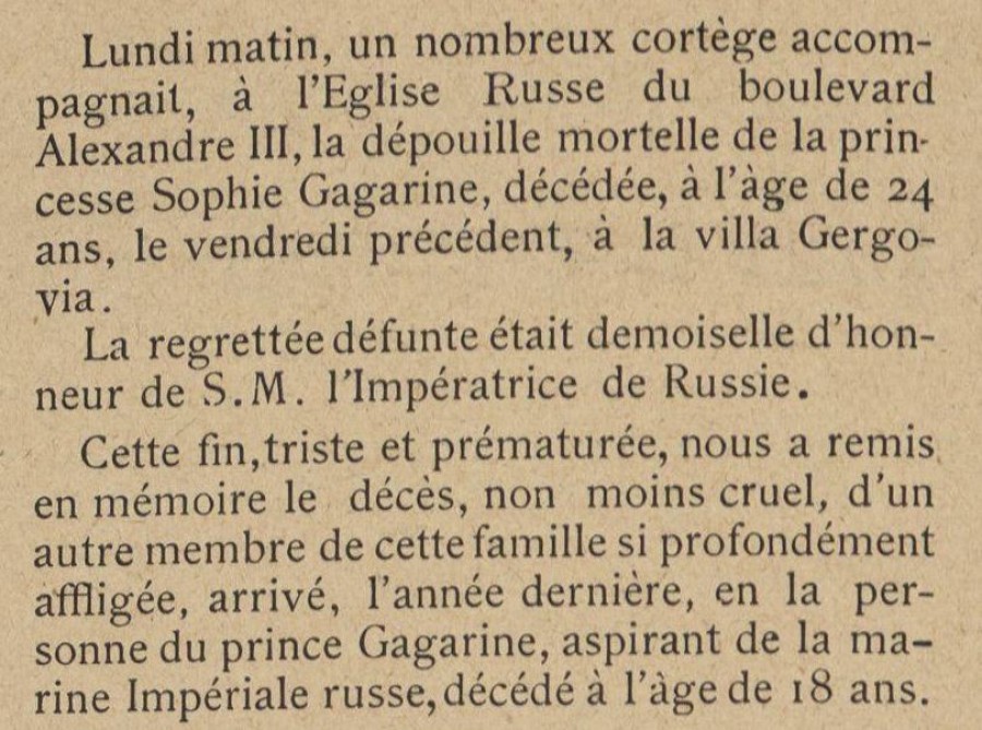 Décès à 24 ans de Sophie Gagarine, église russe, encart dans le "Cannes Mondain" 1896 (102Num18)
