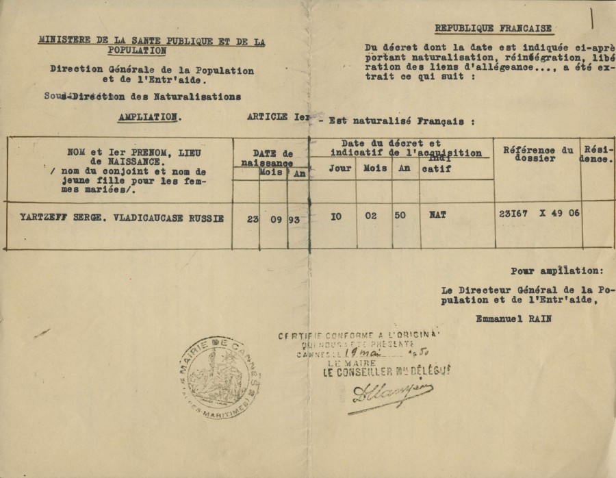 Naturalisation d'un immigr russe, Serge Yartzeff, 1950 (2K23)