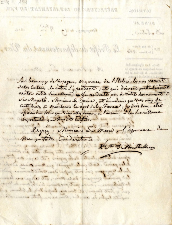 Demande du Prfet du Var au Maire de Cannes de surveiller les voyageurs venant de l'le d'Elbe en 1814 (2J34)