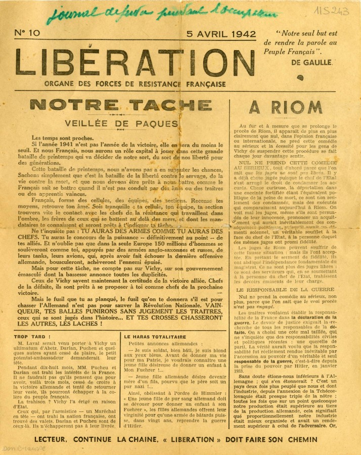 Premire page du journal LIBERATION avril 1942 (11S243)