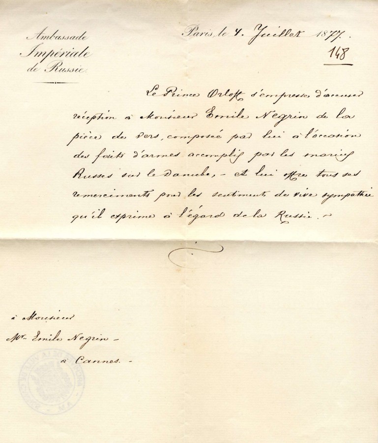 Le Prince Orloff, ambassadeur du tsar  Paris, crit  un Cannois (4S2)