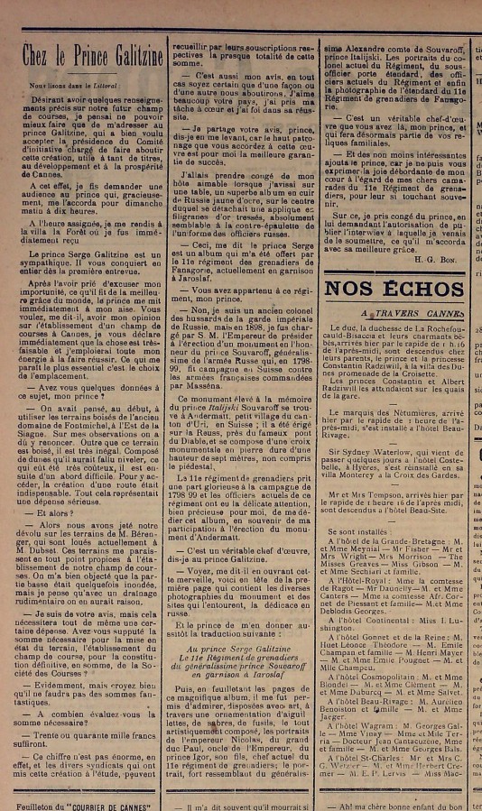 "Chez le Prince Galitzine", article du Courrier de Cannes, 14 et 15 fvrier 1900 (n2648, Jx5_00145)