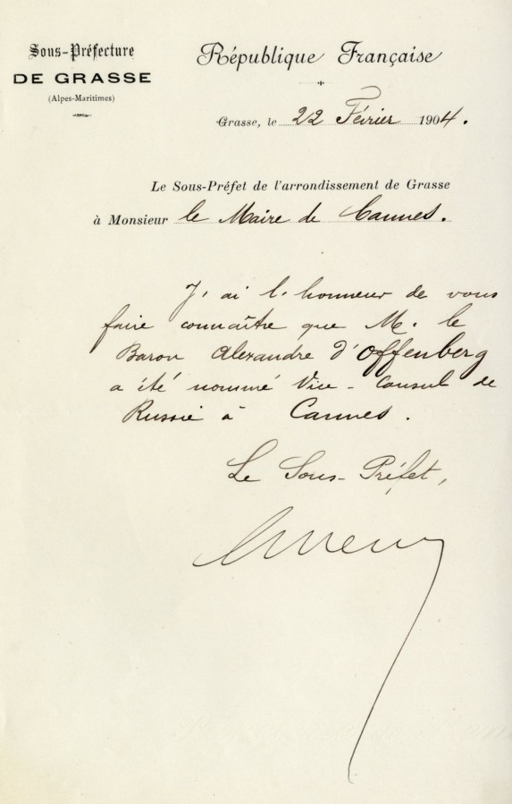 Lettre nommant le dernier vice-consul de Russie  Cannes en 1904 (2J40)