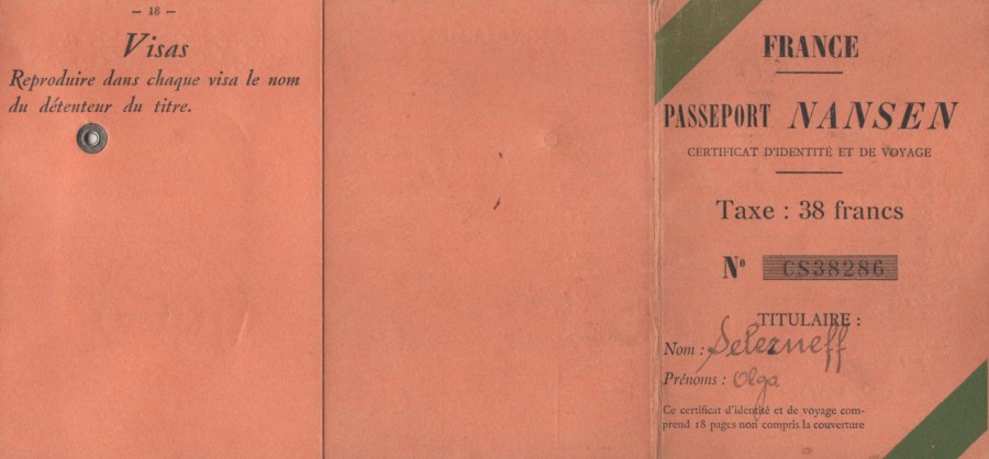 Exemple de passeport NANSEN, rfugie russe, Olga Nicolaevna Slezneff (source prive familiale)