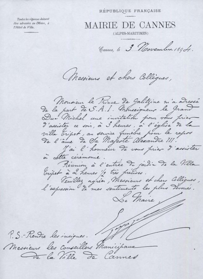 1894, repos du tsar, lettre du Prince Galitzine  Mairie de Cannes (BH794_Les Russes)