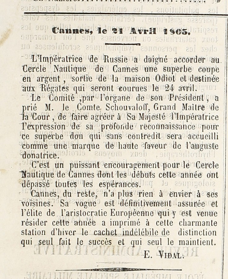 Coupe offerte par l'Impratrice de Russie en 1865 (Revue de Cannes, 22 avril 1865, cote Jx55)