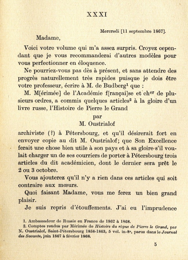 Passage, sur l'Histoire de Pierre le Grand, de M. Oustrialof (page 65, BH1265, Lettre de Mrime  Mme de Beaulaincourt, 1867)