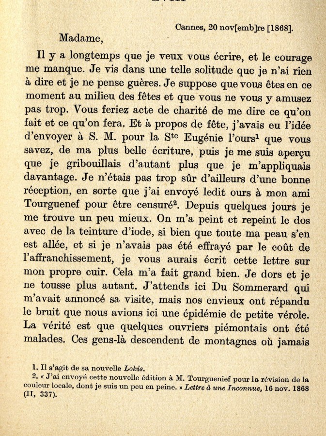 Extrait des Lettres de Mrime  Mme de Beaulaincourt, lettre crite en 1868  Cannes,  propos de Tourgueniev (orthographi diffremment autrefois)