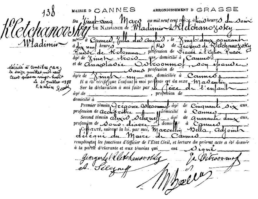 Acte de naissance, 1913, Kletchanovsky, fils du diacre de l'glise russe (acte n138, 1E114_31515, 22 mars 1913)