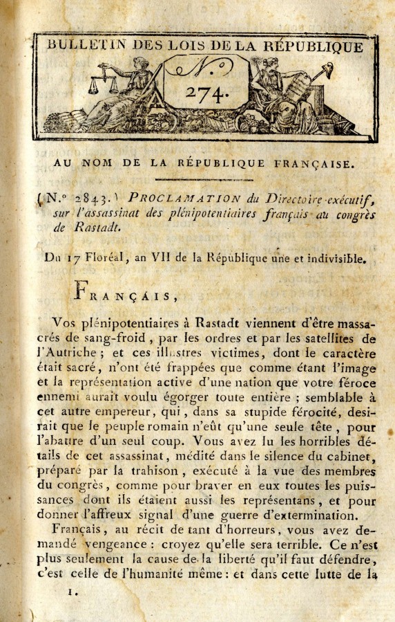 Proclamation du Directoire, congrs de Rastadt, 6 mai 1799, 1 (1A14, Bulletin des lois, n274)