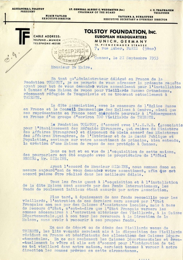 Lettre de la Fondation Tolstoy, septembre 1953 - 1 (60W2)