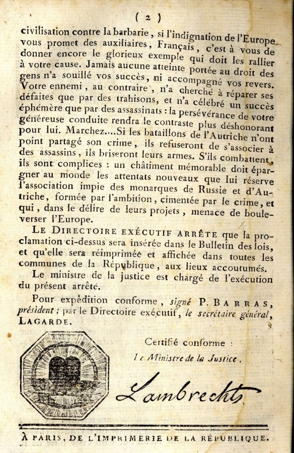 Proclamation du Directoire, 6 mai 1799 ou 17 floral an VII, 2 (1A14, Bulletin des lois, n274)