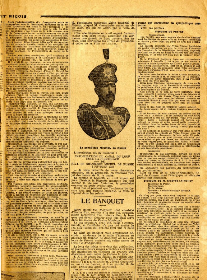 Prsence du Grand-duc de Russie - Inauguration de l'adduction des sources du Loup (journal Le Petit Niois, 5 fvrier 1912)