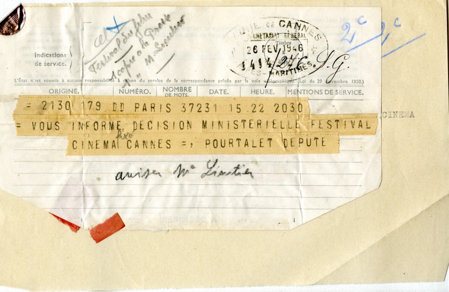 Tlgramme d'Henri Pourtalet, dput, annonant le festival, 1946 (93W8)