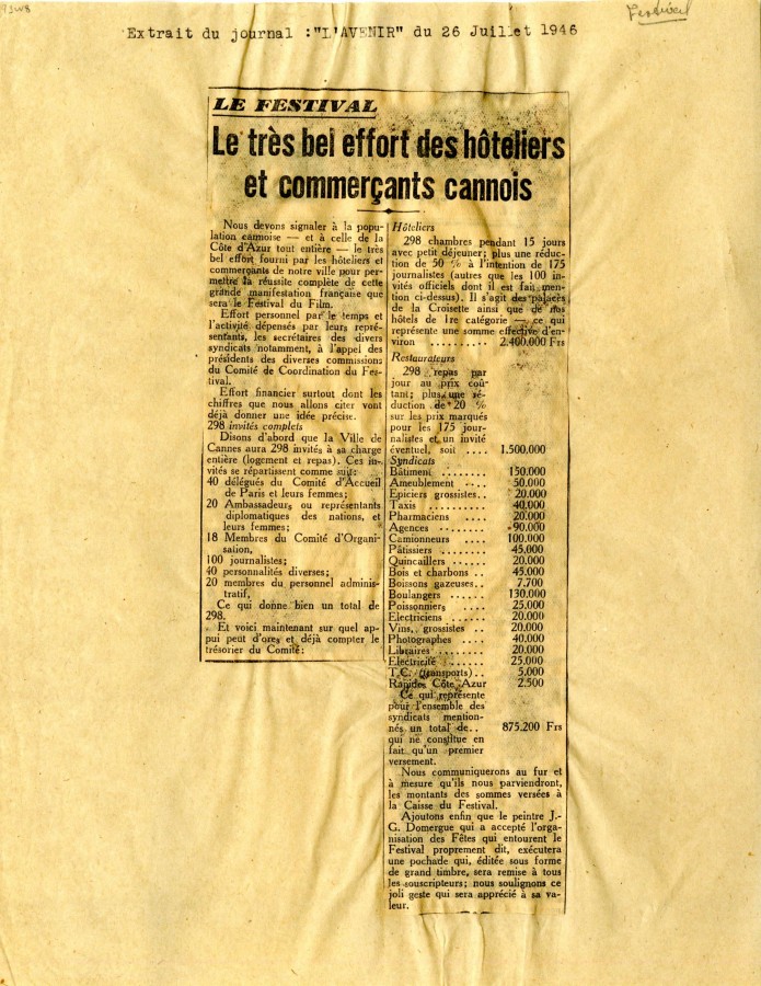 Article sur l'effort des Cannois, 1946