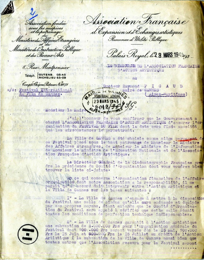 Lettre au Maire - mars 1945, le Festival est pour Cannes, 1 (93W8)
