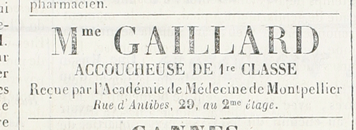 Publicit d'une accoucheuse, parue dans la Revue de Cannes, 1er juillet 1867