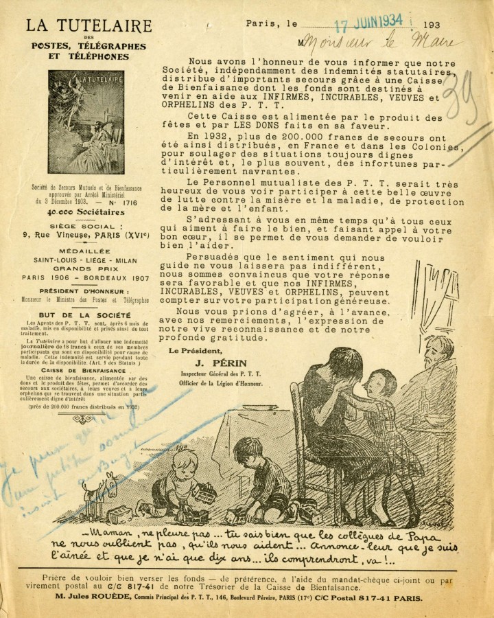 Orphelins des P.T.T., lettre de 1934, AMC 5Q32