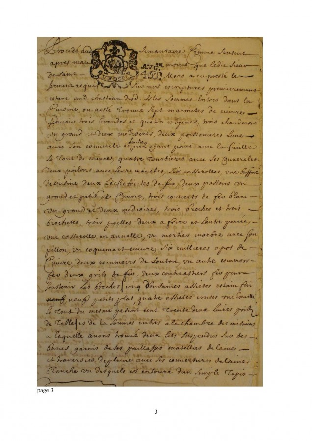 Page de l'inventaire aprs dcs de Mme de Saint Mars, document des Archives Nationales, 1691