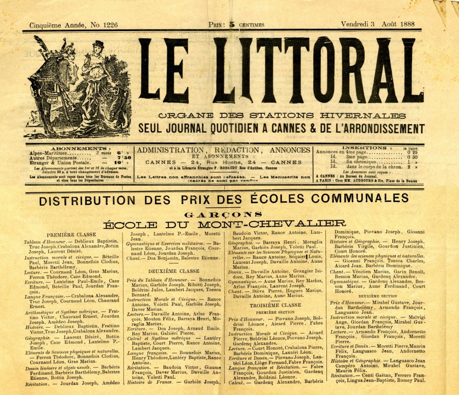 Prix affichs dans la presse pour l'cole du Suquet, Le Littoral, 1888