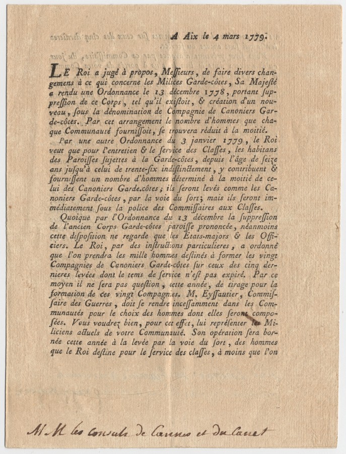 1779, lettre de l'Intendant sur ces milices, AMC EE6_6