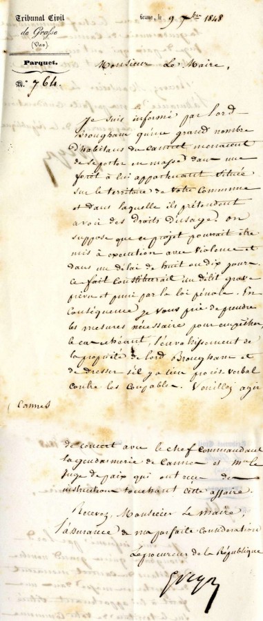 Avertissement du Procureur, menaces sur la proprit du Lord, 9 dcembre 1848 (2J26, lettre reconstitue/2 parties)