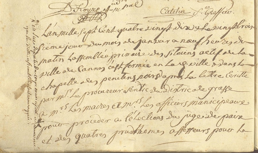 Assemble primaire dans la chapelle des pnitents noirs (cahier de 1791, 23 janvier, 1D2_14)