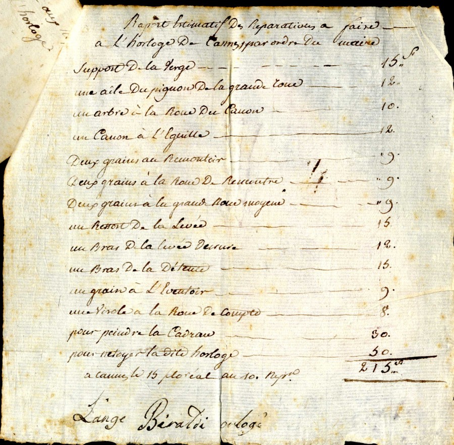1802, Floral de l'an 10, rparations  l'horloge, liste des travaux, suite (2R82)