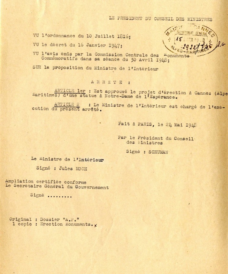 Arrt ministriel, 24 mai 1948, approuvant le projet d'rection d'une statue  ND de l'Esprance (16M11)