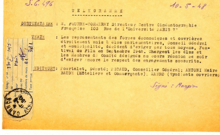 Tlgramme pour le maintien du festival en 1948 (93W10_250)